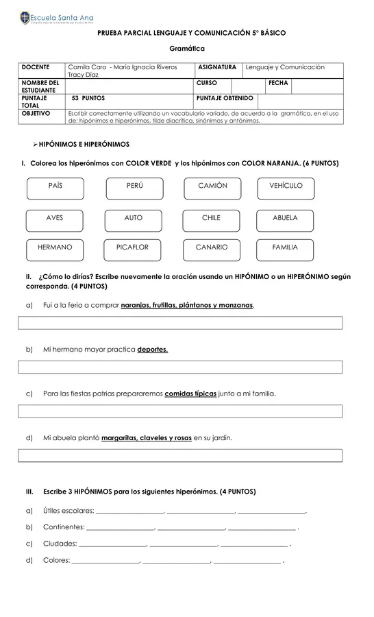 Hipónimos, hiperónimos, sinónimos, antónimos y tilde diacrítica”