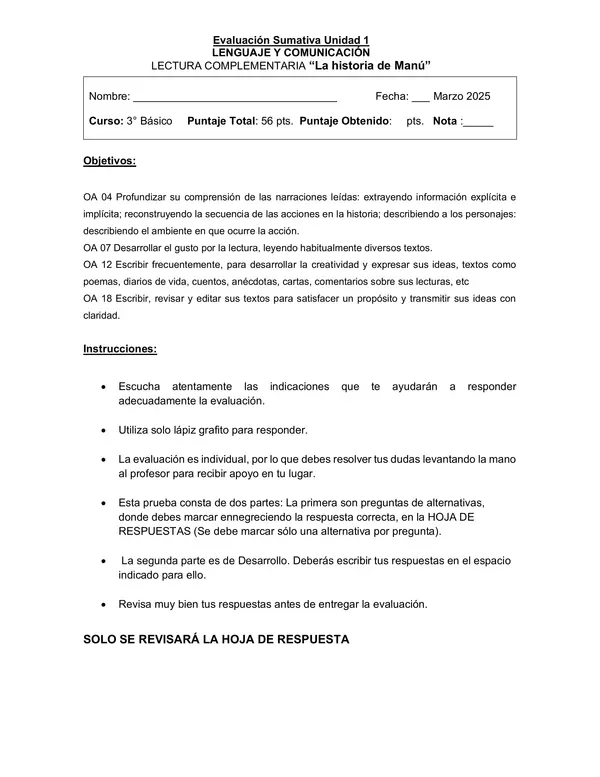 Evaluación La historia de Manú