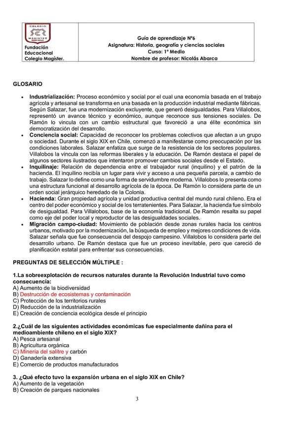 Guía de aprendizaje Industrializacion en Chile