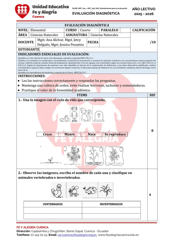 EVALUACIONES DIAGNOSTICAS DE CUARTO DE BASICA 