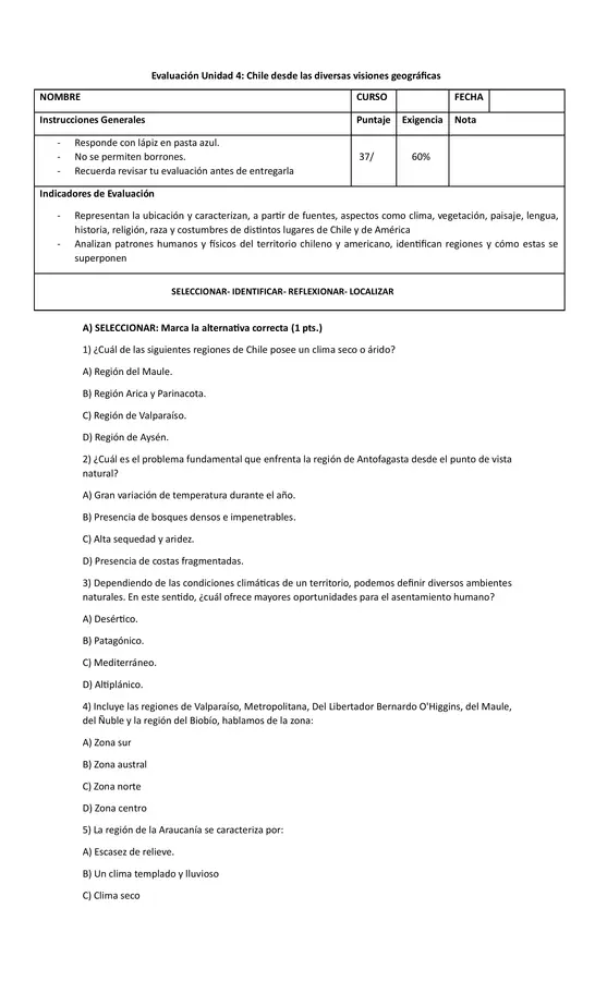 Evaluación Unidad 4: Chile desde las diversas visiones geográficas