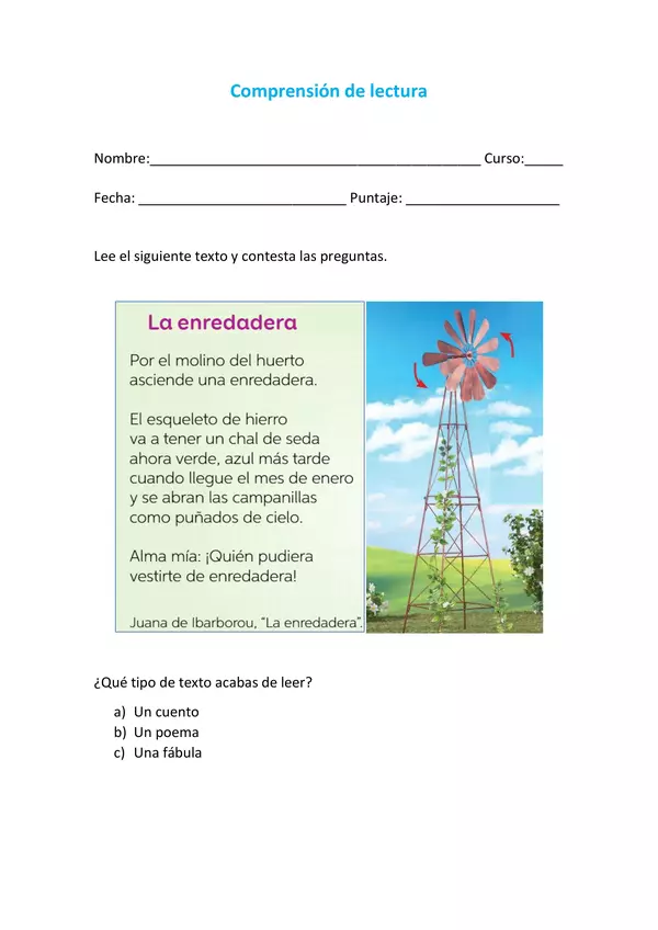 Comprensión de lectura "La enredadera"