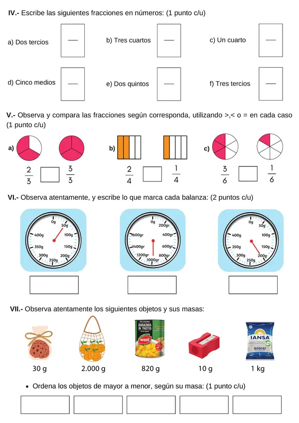 EVALUACIÓN FRACCIONES - KILOS Y GRAMOS 3° BÁSICO