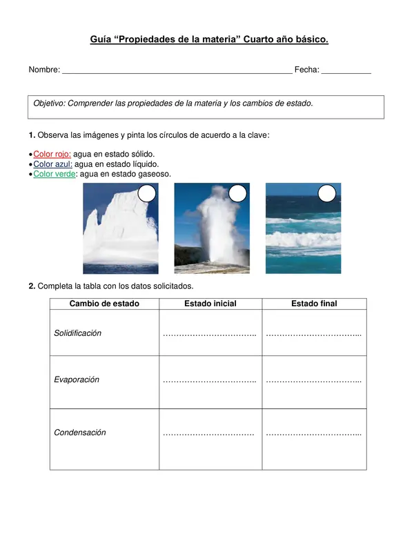 Guía de ciencias "Propiedades de la materia" 4° básico.