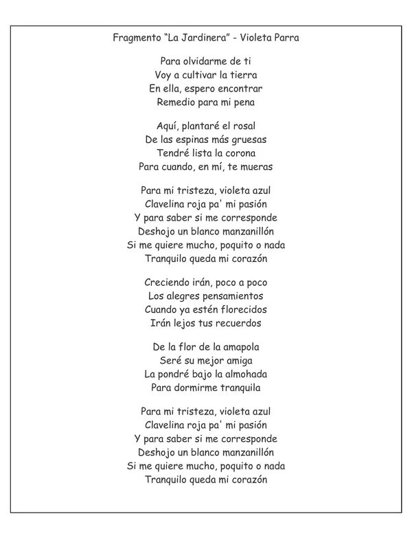 letra cancion "La Jardinera" 1ero básico septiembre