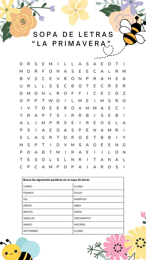 Sopa de letras de la primavera