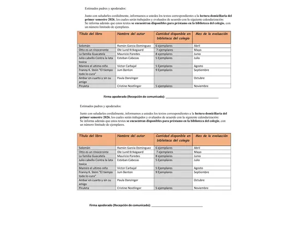 Lectura Domiciliaria Cuarto básico 1° semestre