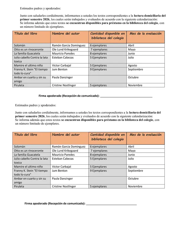 Lectura Domiciliaria Cuarto básico 1° semestre