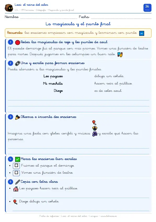 Mayúscula y punto final: ficha interactiva gratuita para 6–7 años