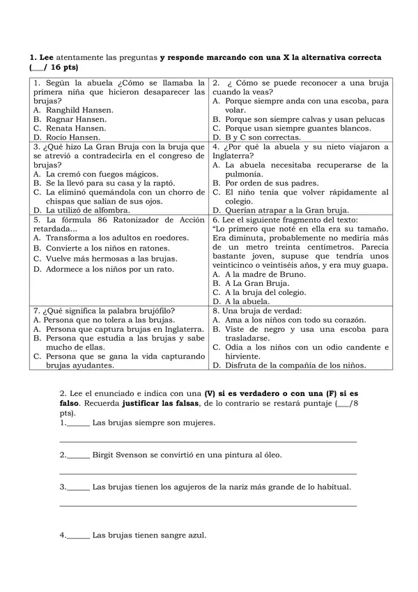 EVALUACIÓN "LAS BRUJAS" ROALD DAHL.
