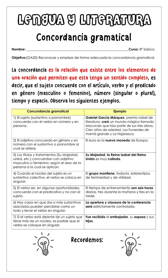 Guía de trabajo - Concordancia gramatical - 8° 