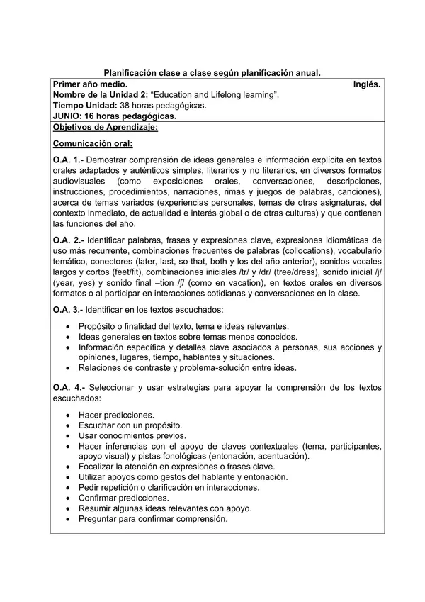 Planificación Clase a Clase Junio - Idioma Extranjero Inglés - 1° Medio