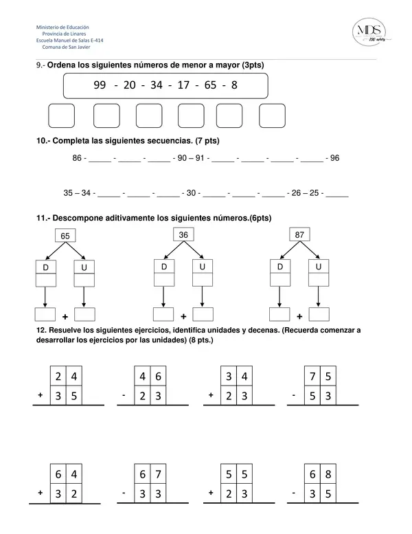 Prueba diagnóstico matemática 2° básico