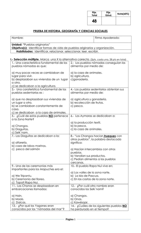 Evaluación Historia 2° básico "Pueblos originarios"