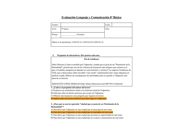 Evaluación Octavo Textos periodísticos