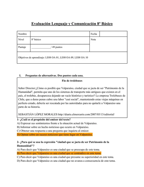 Evaluación Octavo Textos periodísticos