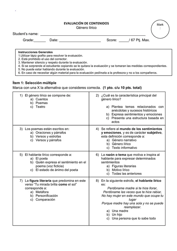 prueba Género lírico 5°
