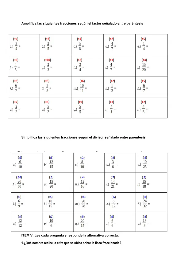 Evaluación Fracciones equivalentes, amplificación y simplificación