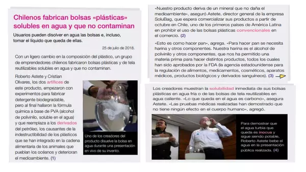 TEXTO: LOS CHILENOS FABRICAN BOLSAS DE PLASTICO SOLUBLES EN AGUA Y  QUE NO CONTAMINAN