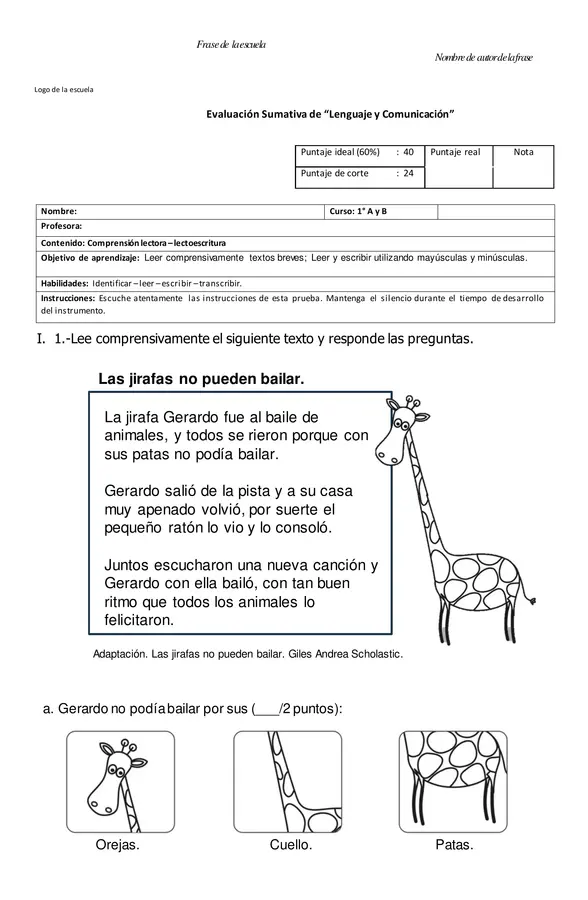 Evaluación de comprensión y lectoescritura 