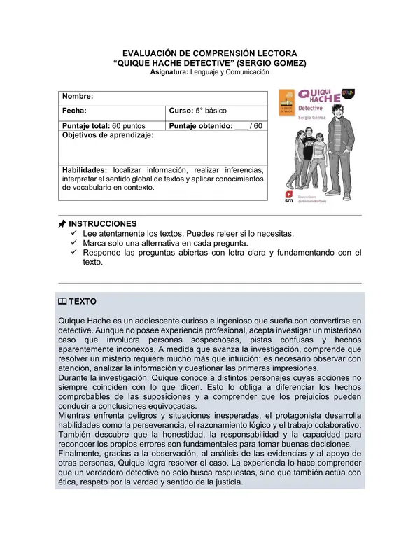 Prueba del libro "Quique Hache detective" (Sergio Gómez) 5° básico