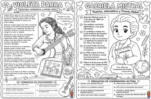 10 láminas de comprensión lectora - personajes históricos de Chile