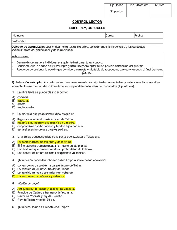 Evaluación - Control lector: Edipo Rey