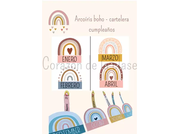 Calendario Cumpleaños arcoiris Boho para decorar la clase