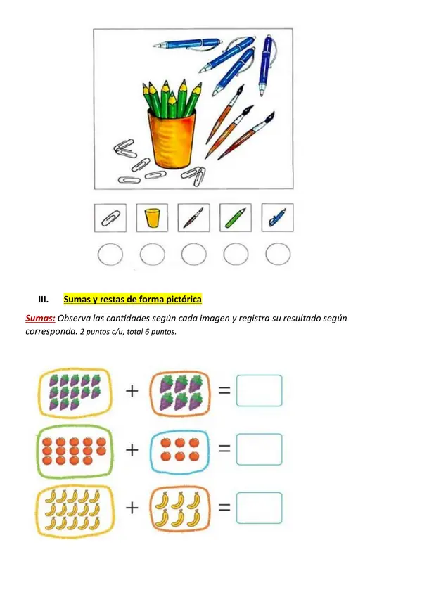Evaluación de matemática números y conteo de elementos.