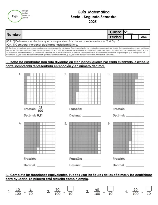 Guía  Matemática 5° basico – Decimales y fracciones, segundo semestre 2025