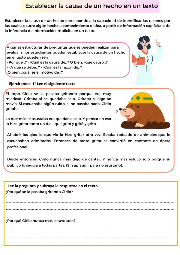 Comprensión, Establecer la causa de un hecho en un texto .