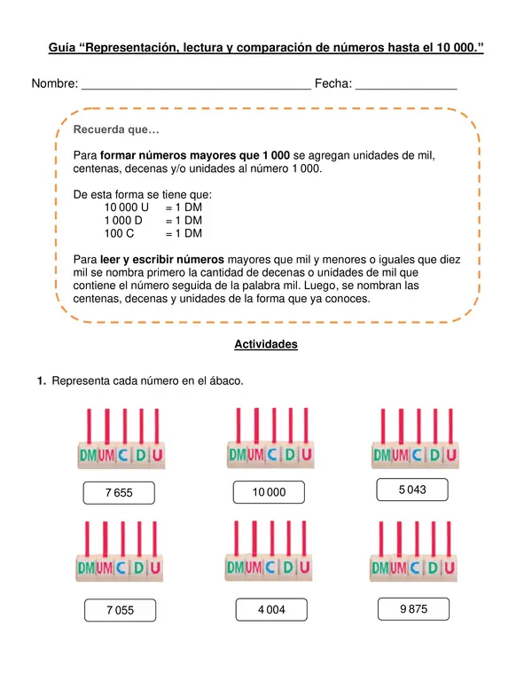 Guía "Representación, lectura y comparación de números hasta 10000"