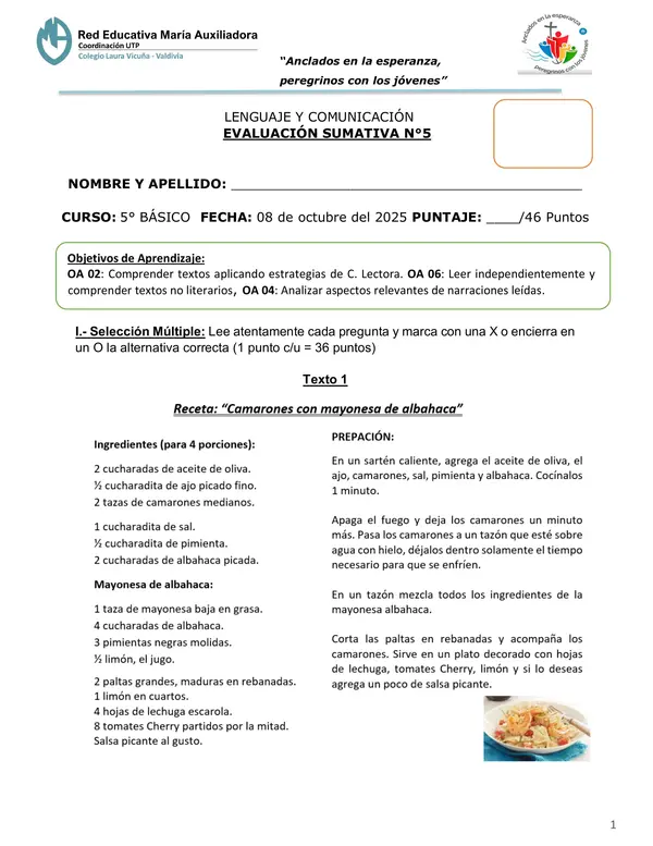 Evaluación Comprensión Lectora - 5° Básico 