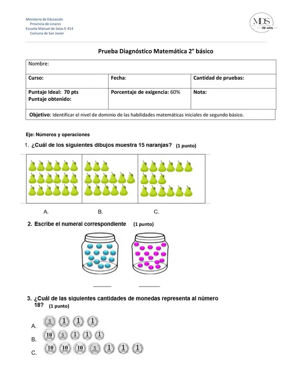 Prueba diagnóstico matemática 2° básico