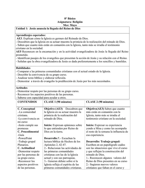 Planificación Clase a Clase: Mayo | Religión Católica 8° Básico