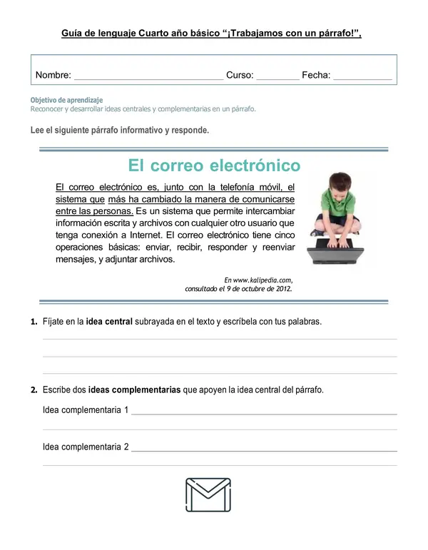 Guía de lenguaje 4°año "¡Trabajemos con un párrafo!"
