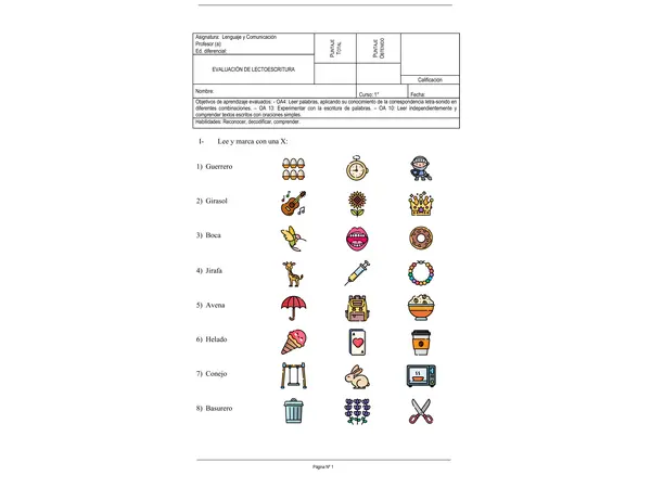 Evaluación de lectoescritura: M - P - L - S - T - D - N - F - C - Q - R - G - B - J - V - H