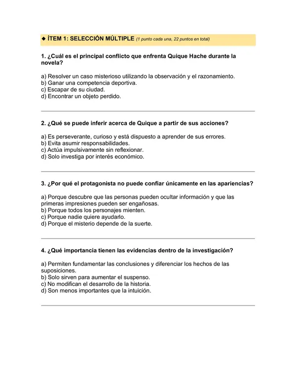 Prueba del libro "Quique Hache detective" (Sergio Gómez) 5° básico