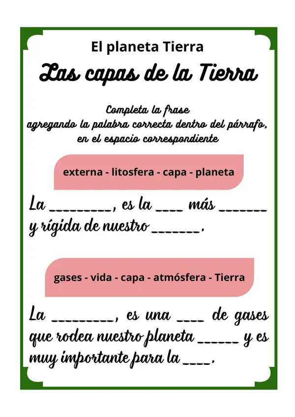 Guía, cuadernillo con actividades sobre El planeta Tierra - Las capas de la Tierra - En español