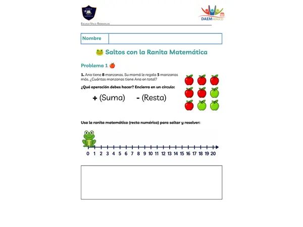 Problemas matemáticos sumas y restas hasta 20 Ranita matemática 1°