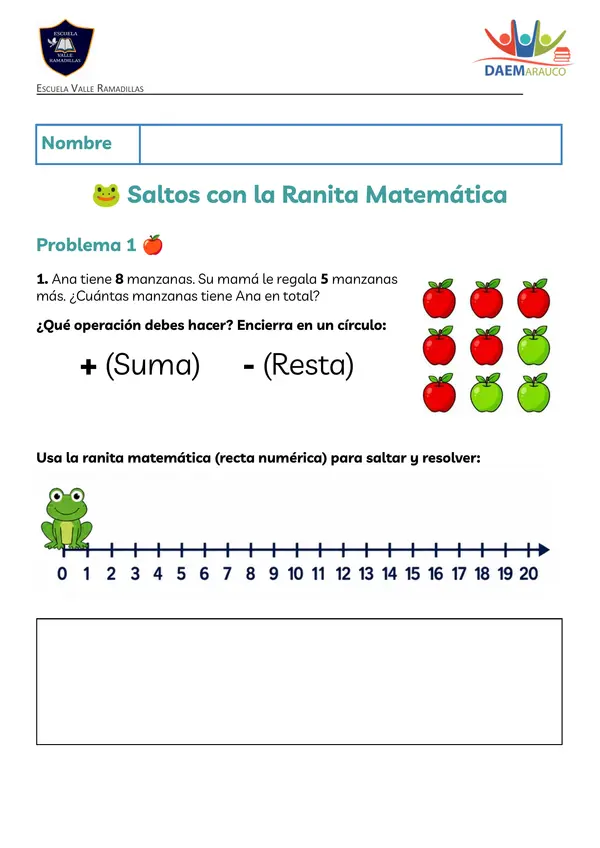 Problemas matemáticos sumas y restas hasta 20 Ranita matemática 1°
