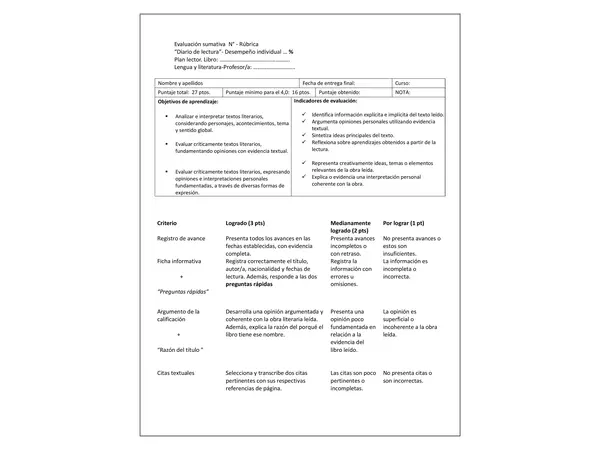 Rúbrica para evaluar un "Diario lector"
