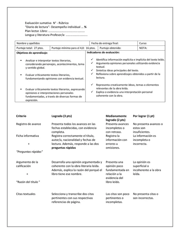 Rúbrica para evaluar un "Diario lector"