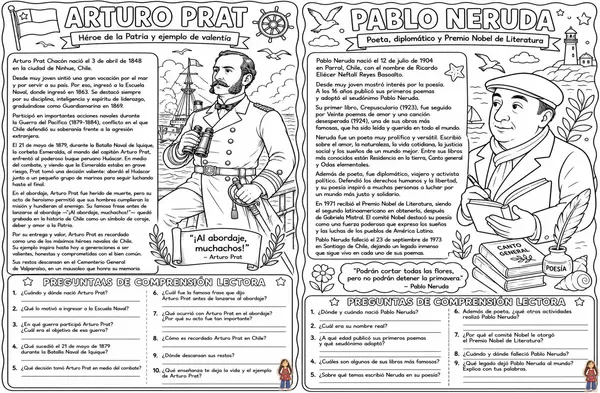 10 láminas de comprensión lectora - personajes históricos de Chile