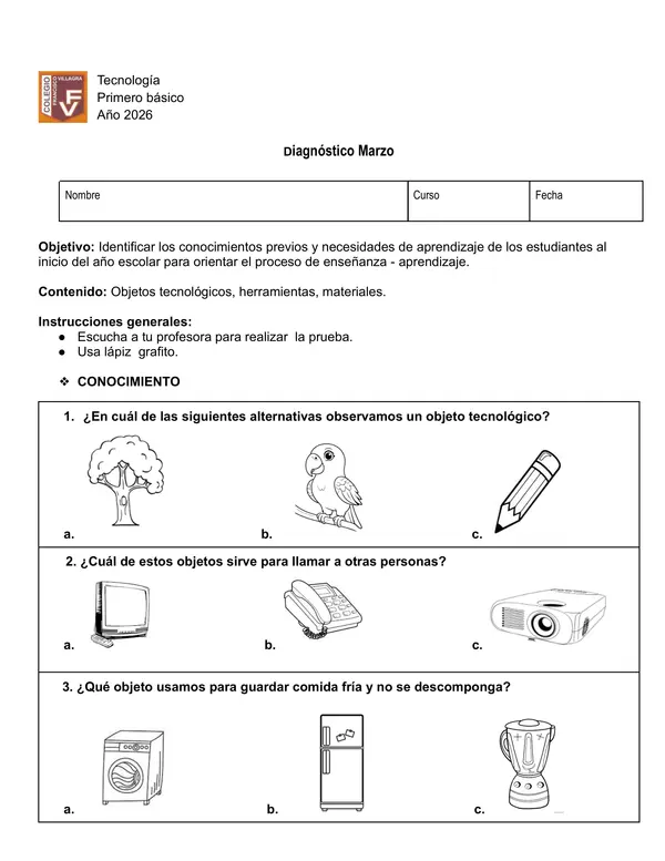 Evaluación diagnóstica tecnología primero básico 