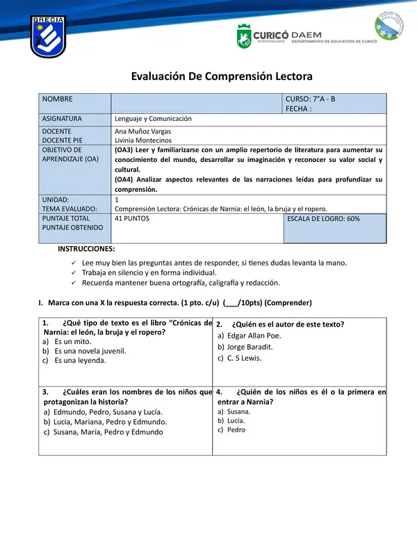 PRUEBA DE CRONICAS DE NARNIA CON LA TAXONOMIA DE BLOOM