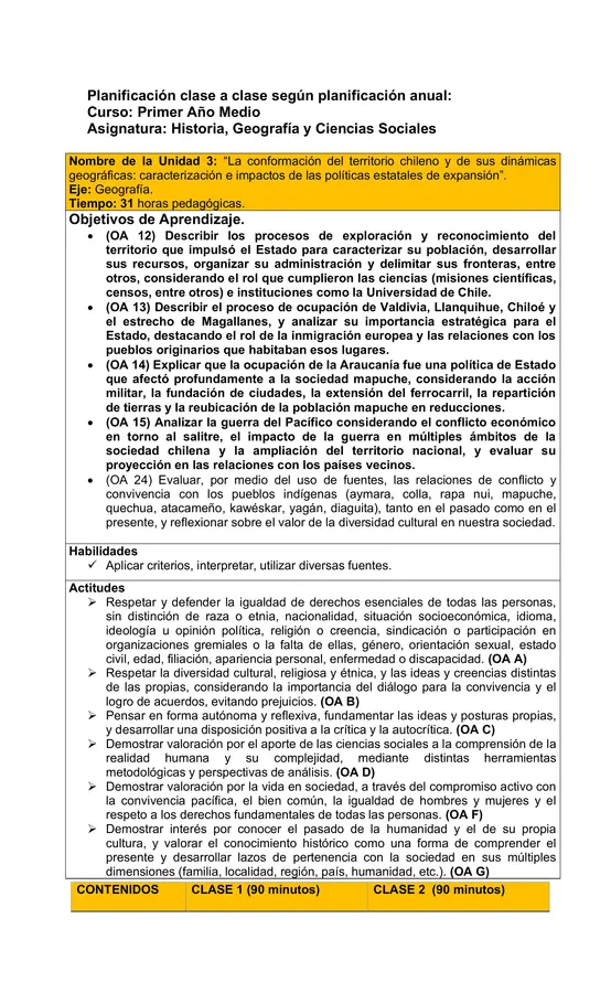 Planificación Clase a Clase Julio - Historia, Geografía y Ciencias Sociales - 1° Medio DUA