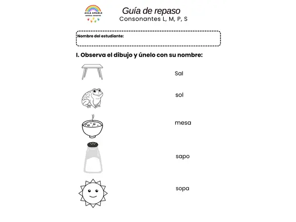 Guía de repaso consonantes M, L, P, S 1°BÁSICO