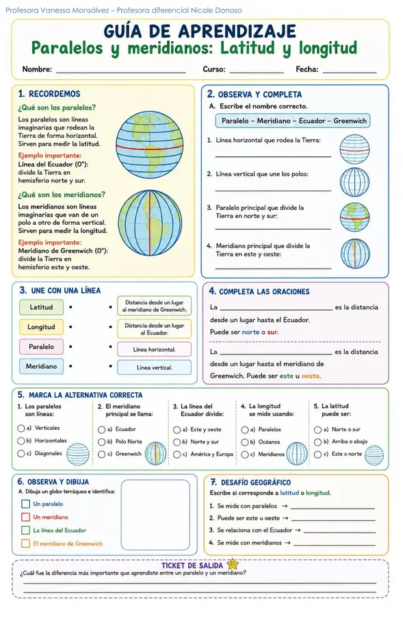 guía historia 4° básico - paralelos y meridianos