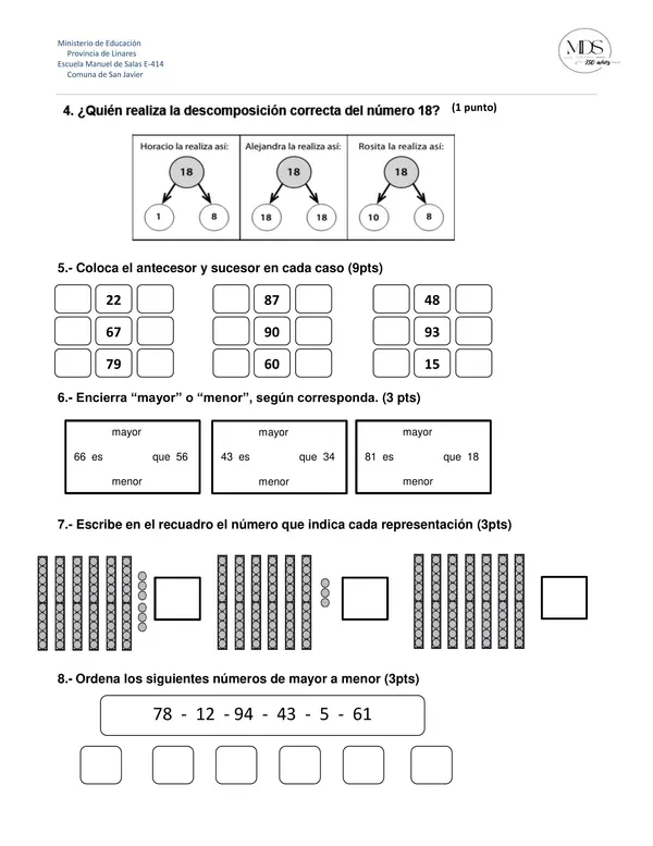 Prueba diagnóstico matemática 2° básico